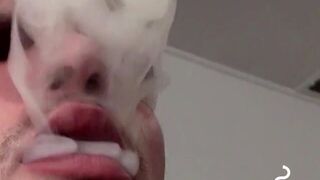 Tatted skinny dude smoking & shooting cum on the floor