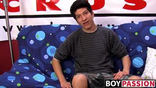 Interviewed young twink jerks off his huge cock & cums