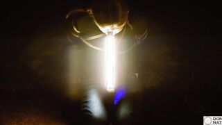 Deepthroating light wand, gagging on shaft under the stars