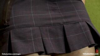 T-girl blackmails & fucks courier