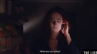 Horny ginger Emily J is fingering her holes on the couch