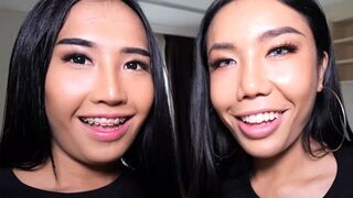 Two teen ladyboys Mos & Meme share a dick in a sexy 3some