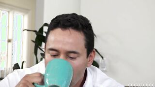 Blonde Janna Hicks rides prick while her hubby watches