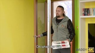 Comely chick enjoys unexpected sex with her man's bald stepdad