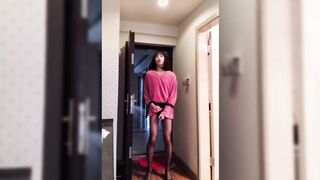 Asian Ladyboy masturbating her meat flashing it to a female, & cum