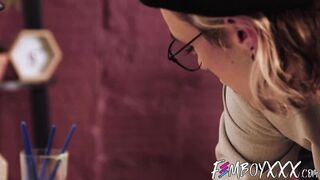 Satisfying t-girl art prof Axelle Rose gets her face painted with white cum