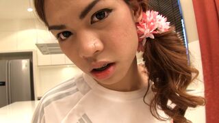 Asian ladyboy teen Kitty in a football outfit assfucking stuffed