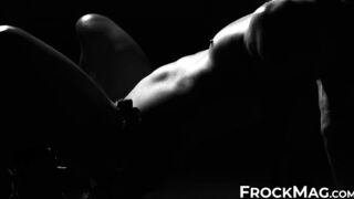 Horny Caged Jock equips belt with a fat dildo & strokes it slowly