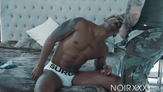 Black Jacen Zhu receives intense anal fucking from two white muscled guys