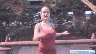 Sexy big boobed teen gets tits out