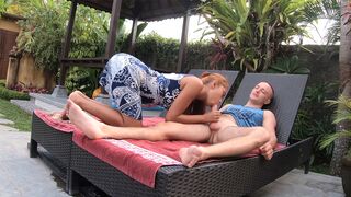 Round ass Thai Girlfriend garden suck & fuck with her big cock Boyfriend