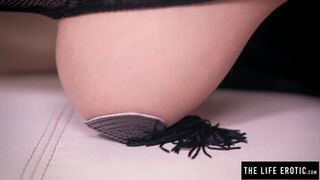 Hot stepmum in body stocking & pasties masturbates hard with a dildo