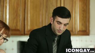 Billy  pulls his boss pants down & sucks on his huge dick