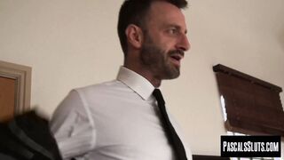 Titty & tatted Miss Trixx squirts so much while she is roughly pounded by her m