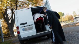 Confession Van Encounter: Priest Fucks Brunette Hard Until Cum on Her Tongue!