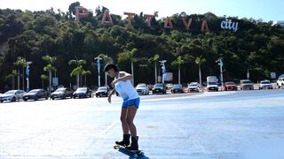 Skateboarding fail of big ass Thai MILF who fucks at home after