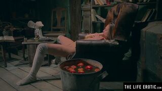 Petite kinky beauty fucks her tight cunt with a huge vegetable