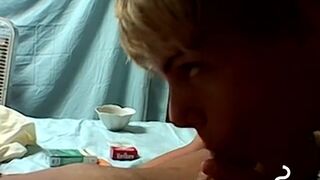 Curly haired dude rides hard meat while smoking a cigar